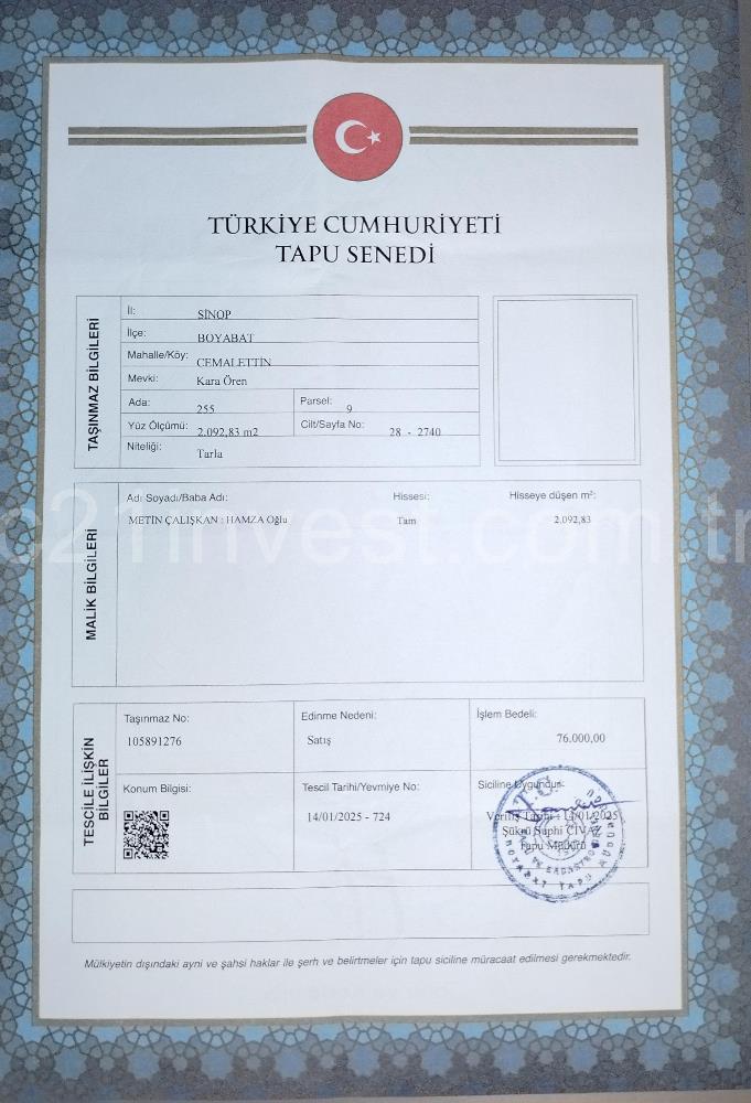 SİNOP BOYABAT YOLUNA ÇOK YAKIN 2092 M2 TARLA SATILIKTIR.